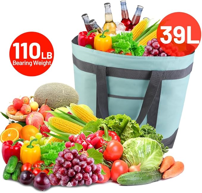 mosago Insulated Grocery Tote Bags, Large Reusable Cooler Bags with Zipper, Leakproof Thermal Shopping Bags for Food Delivery, Beach, Travel, for Picnic, Collapsible, Green