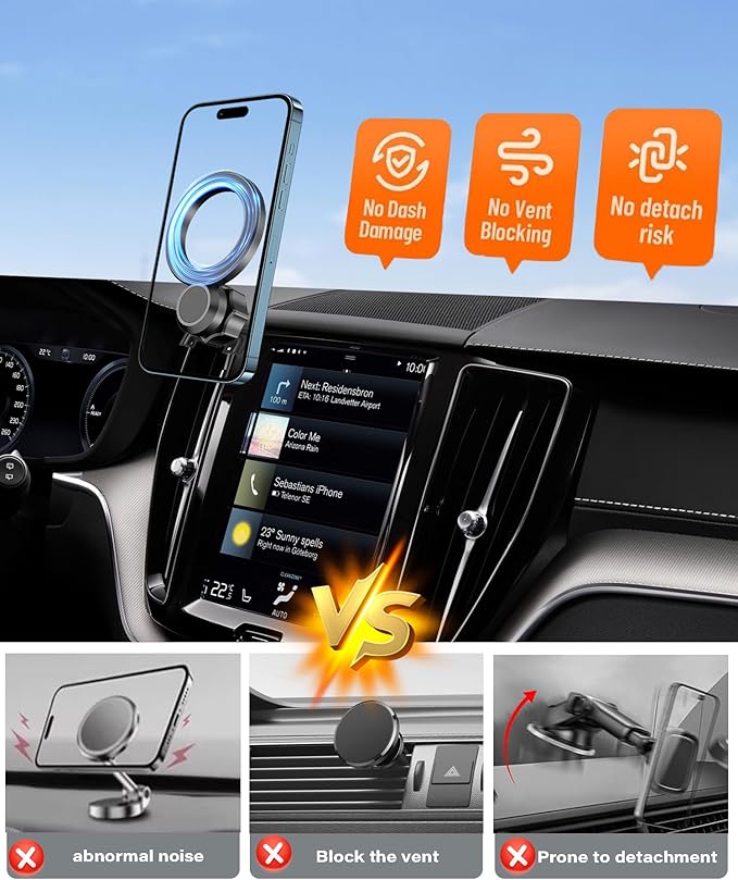 Magnetic Car Phone Mount for 2018 2019 2020 2021 2022 2023 2024 2025 Volvo XC60 Accessories, for MagSafe Strong Magnets Cell Phone Holder, with Portable Phone Gripper 360° Rotation