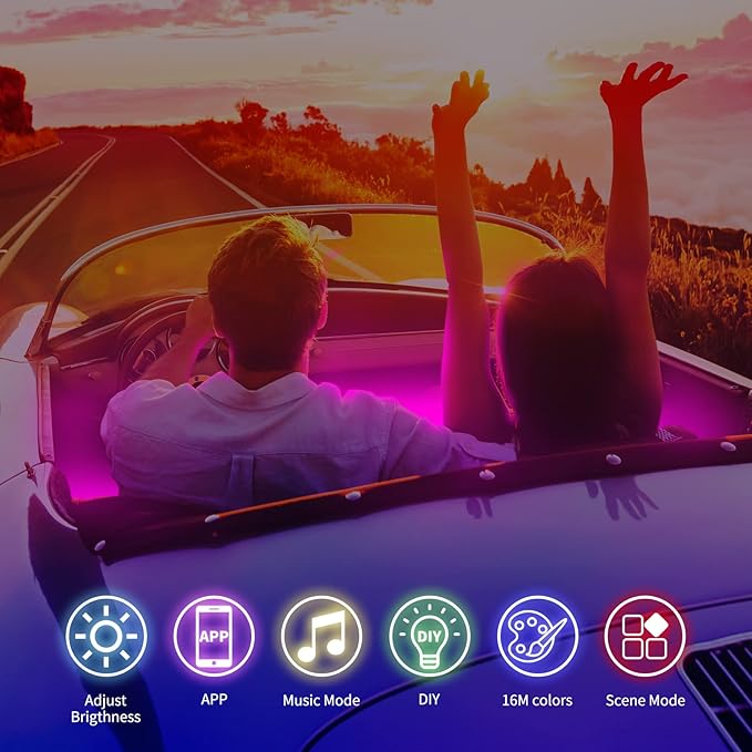 Interior LED Strip Light - 48 LED DIY 16 Million Colors, Microphone App Control, Smart Phone Music Sync RGB Under Dash Waterproof Lighting Kit with Car Charger, USB DC 12V