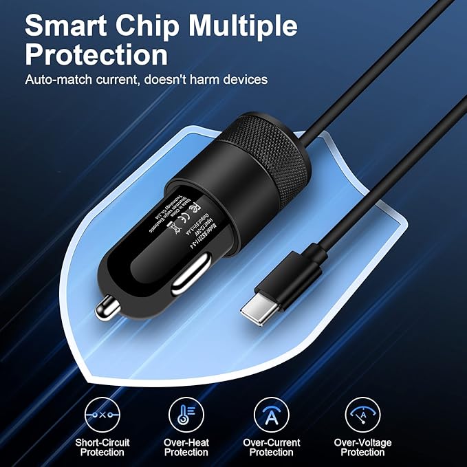 Type C Fast Car Charger for Samsung Galaxy A17/A16/A15/A14/5G/S26/S25/A56/A35/A55/A54/A13/S24 FE/S24/S23 Ultra/A53, iPhone 17e 16e, 3.4A Fast Charging Android Phone Car Charger Adapter 3FT USB C Cable