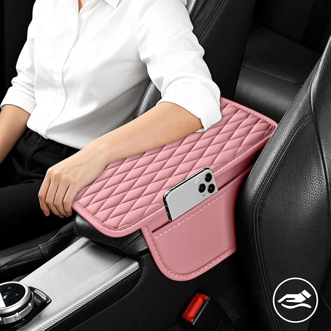 Car Armrest Cushion Pad, Leather Vehicle Center Console Cover with 2 Storage Bags, Non-Slip Automotive Interior Arm Rest Seat Box Cover Accessories, Universal for SUV RV Sedan (Pink)