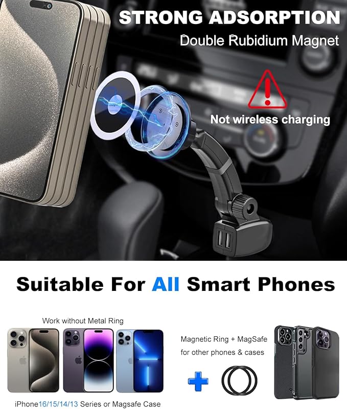 Magnetic Phone Holder for Car Cigarette Lighter [Dual USB Fast Charging] Cigarette Lighter Socket Phone Mount Charger with Adjustable Arm, for iPhone 16 15 14 MagSafe Car Mount