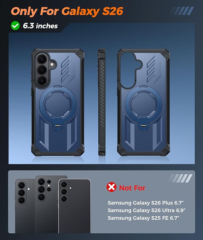 FNTCASE for Samsung Galaxy S26 Case: with [Magnetic Ring Kickstand] [Screen Protector] [Compatible with MagSafe] [Military-Grade Drop Protection] Dual-Layer Protective Textured TPU Phone Cover Blue