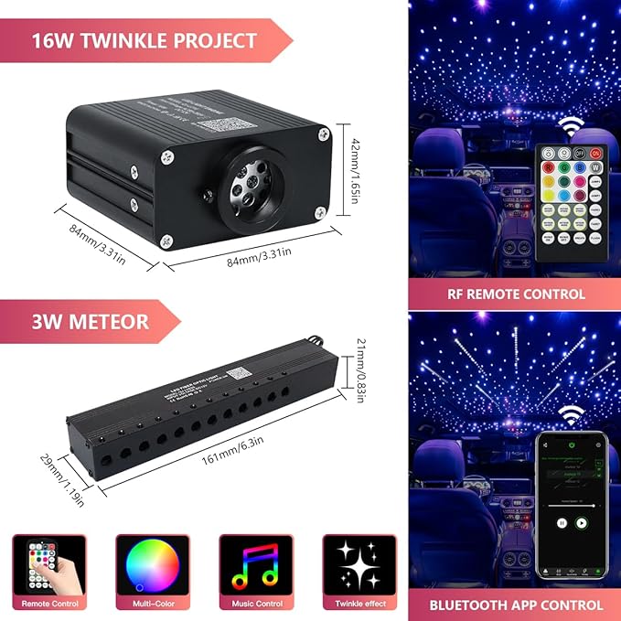 16W Car Home Starlight Headliner Kit, Twinkle & Sound Activate RGBW Fiber Optic Lights with APP & Remote Control, Shooting Star Lights for Ceiling Decoration, 500 pcs 9.8ft