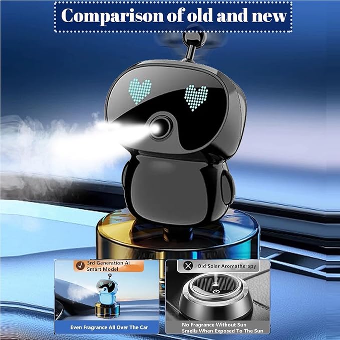 Robot Intelligent Aromatherapy Machine, Smart Cute Robot Car Air Freshener - Fine Spray/Fillable/Four-Gear Adjustment/Vibration Sensing/On-Off/Large Capacity Long-Lasting Fragrance/V1 (Black, Cologne)
