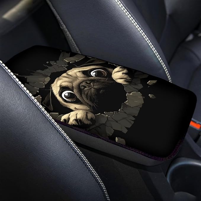 Funny Pug Car Center Console Armrest Pad Cute Dog Car Center Console Cover Dustproof Car Accessoriess Seat Box Pad for Auto Sedan, Van, SUV, Truck