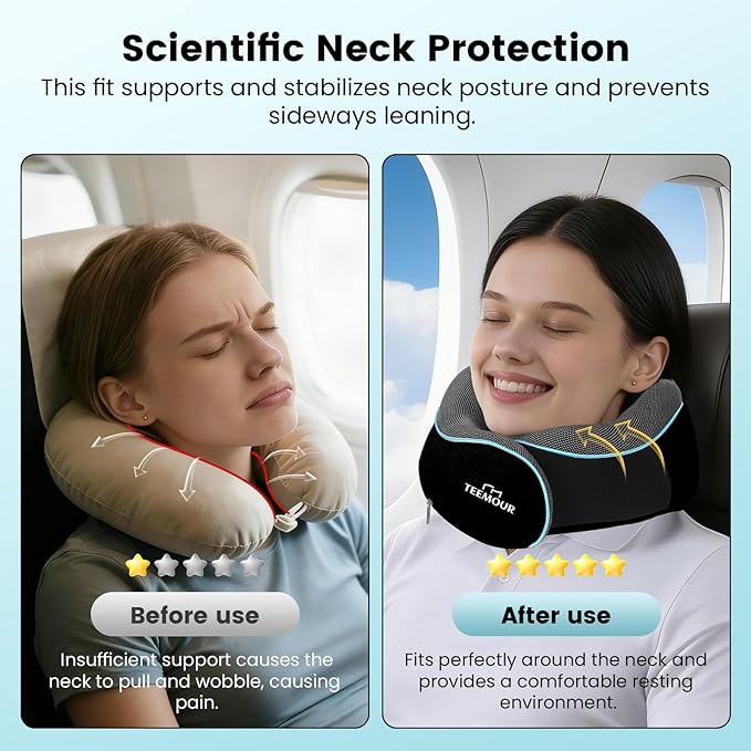 Travel Pillow Neck Pillow for Airplane Travel Essentials - Memory Foam Travel Neck Pillow, Stops Head Bobbing With Eye Mask & Earplugs, Portable Carry Bag for Long Flights| Airplane Accessories Black