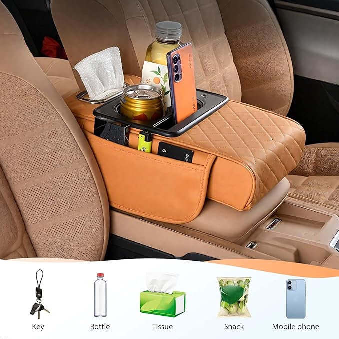 Multifunctional Car Armrest Cushion with Integrated Booster, 2026 Upgraded Universal Style Memory Cotton Car Armrest Box Pad, Car Center Console Armrest Pillow, with 2 Cup Holder (Black)