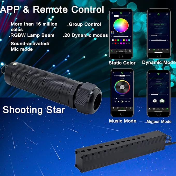 AZIMOM 6W RGBW 550pcs 0.03in 13.1ft Fiber Optic Starlight Headliner Kits with Meteor Shooting Star Fiber Strands Sound Activated Bluetooth/APP Remote Control Starlight