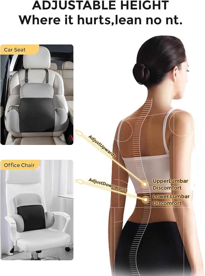 BEBAS Adjustable Air Lumbar Support Pillow for Office Chair, Car & Gaming Chair Memory Foam Back Support for Pain Relief & Posture Correction with Washable Cover, Grey
