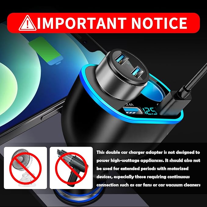 2026 Upgrade Car Cigarette Lighter Splitter,4 in 1 Double Cigarette Lighter Adapter with USB Port 2.4A & QC3.0 Super Fast for Mobile Phone,Dash Cam,12/24V Car Charger with LED Voltmeter
