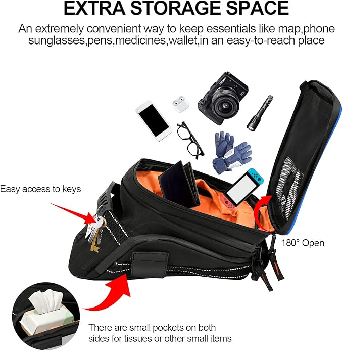 Motorcycle Tank Bag w/Strap Storage Bag Compatible with Honda Yamaha Suzuki Kawasaki Harley Water Resistant (Blue Piping)
