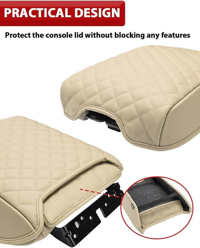 KBH Center Console Armrest Cover for Infiniti QX60 & JX35, Nissan Pathfinder 2013 2014 2015 2016 2017 2018 2019 2020, Vinyl Leather, Middle Console Lid Protector, Custom-fit Accessories, Beige