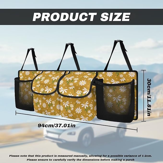 Yellow Daisy Prints Car Trunk Organizer Bag Car Back Seat Storage Bag with 4 Pockets Automotive Interior Accessories for SUV MPV Sedans Pickup Jeep Trucks