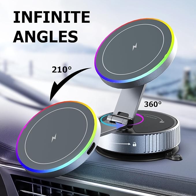 MagSafe Car Mount Charger 15W, Magnetic Wireless Car Charger with Vacuum Suction Cup, Strong Magnet Phone Holder for Dashboard, Compatible with iPhone 12-17 Pro Max & Android