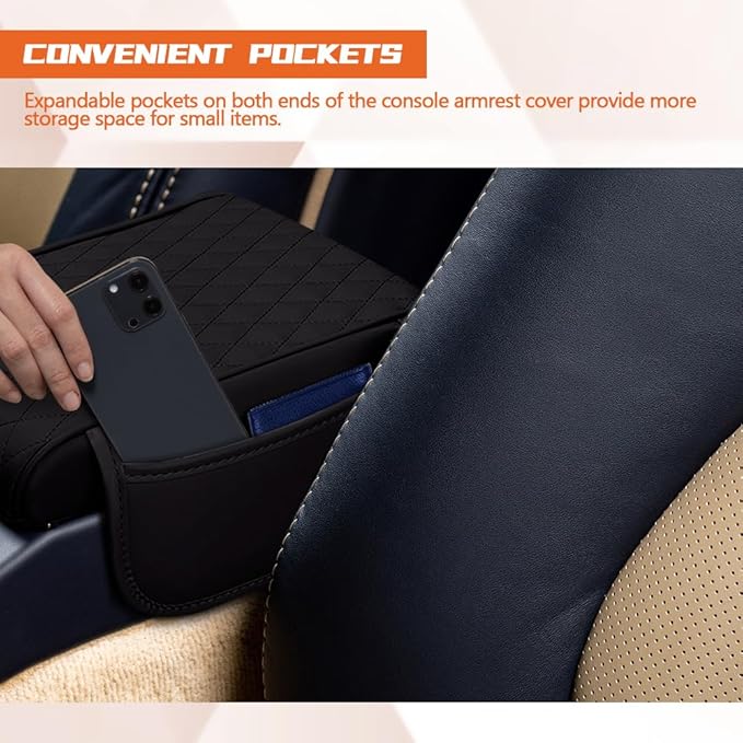 Car Center Console Cover, Napa Leather Car Armrest Cushion with Side Pockets, Memory Foam Auto Armrest Seat Box Mat, Universal Interior Armrest Protective Cover Accessories for Most Vehicle
