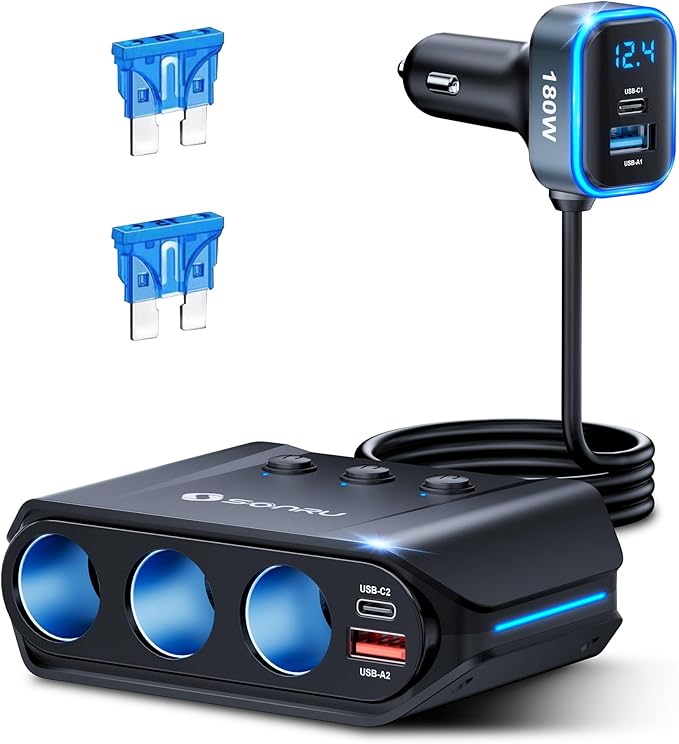 7 in 1 Cigarette Lighter Splitter,SONRU 180W (Max 192W) Cigarette Lighter Adapter with Dual PD 36W/QC3.0 Charge,24V/12V Car Charger Adapter(3.7FT Cable),Independent Switches & LED Voltage Display