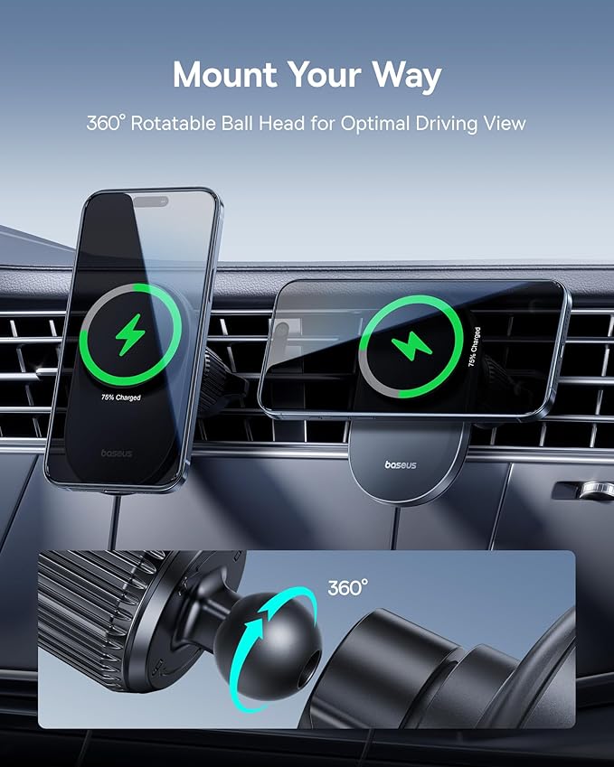 Baseus Qi2.2 Certified 25W for MagSafe Car Mount Charger, Ultra-Thin Fast Charging Wireless Charger Car Phone Holder, 360° Rotatable Magnetic Phone Mount for Car Air Vent, for iPhone 17/16/15/14