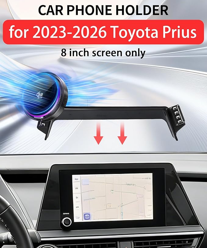 Qi2.2 25W Magnetic Car Mount Charger for 2023 2024 2025 2026 Toyota Prius Accessories, for Fast Charging Cell Phone Holder 8 Inch Screen Fixed Clip with Cooling Fan＆54W Fast Adapter