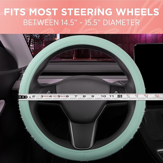 Carbella Mint Green Diamond Bling Steering Wheel Cover, Standard 15 Inch Size Fits Most Vehicles, Cute Faux Leather Car Steering Cover with Rhinestone Crystal, Car Accessories for Women