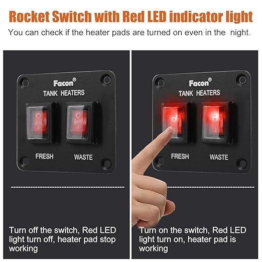 Facon 12Volts Switch Box Panel, 20Amps Rocket On&Off Switch with Red Indicator Light for RV Tank System, IP66 Waterproof Control Gang Kit System for RV Tank Heating Pad