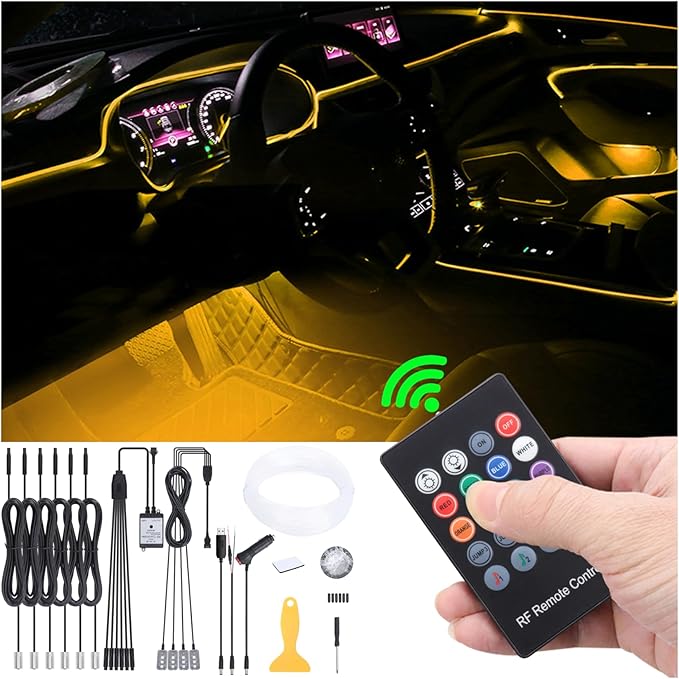 8 Meters Optic Fiber Car Ambient Lighting with RF Remote Control 64 Colors Multicoloured Music Interior Footwell Lighting Kit DC 12V 1W