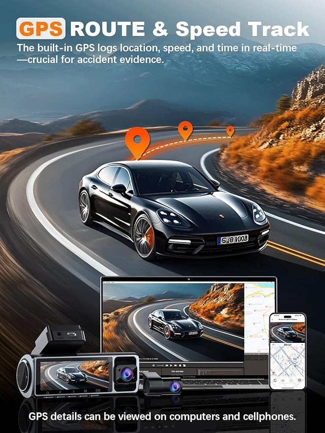 4K 3 Channel Dash Cam Front and Rear Inside, Built-in 5.8GHz WiFi GPS, 64GB Card Included, 4K+1080P+1080P Dash Camera for Cars, 3.18'' IPS Screen Dashcam with G-Sensor, 24H Parking Monitor