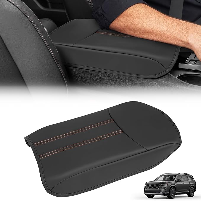 Center Console Armrest Cover Compatible with Honda Pilot 2023 2024 2025 2026, Ridgeline Passport 2024-2026, Armrest Pad Lid Cushion,Center Console Protector Pad (Orange Stitching)