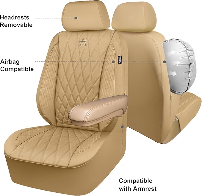 CAR PASS Piping Luxury PU Leather Two Front Car Seat Covers, Waterproof Anti Slip Seat Covers Compatible with Front Seat Armrests,Universal Fit for Suvs,Vans,Trucks,Airbag Compatible(All Beige)
