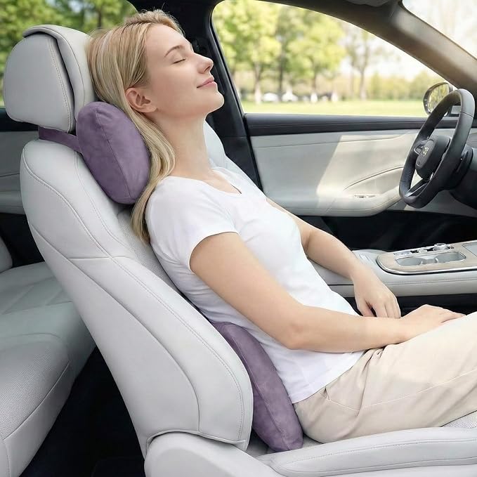 2PCS Car Pillow for Car Neck Pillow for Driving Seat Neck Support Soft Cushion Back Support Head-Rests for Vehicle Sleeping with Elastic Adjustment Strap (Violet, Head and Lumbar)