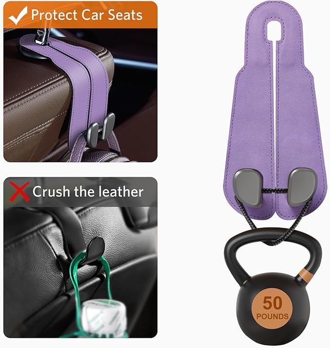 CoBak Purse Hook for Car - Universal Premium Stitched Leather and Aluminum-Magnesium Alloy Double Car Seat Back Storage Hook for Purses, Handbags, Bags (2 Pack),Amethyst Purple