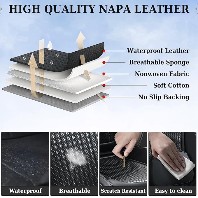 Coverado Seat Covers, Car Seat Covers Front Seats, Waterproof Nappa Leather Auto Seat Cover with Lumbar Head Pillow, Black Seat Covers Carseat Cover Universal Fit for Most Cars