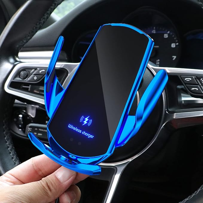 Wireless Car Charger Mount Automotive Electric Induction 15W Wireless Charger Car Auto Clamping Car Phone Holder Mount Wireless Charging Mount Vent Phone Holde Compatible with Android (Blue)