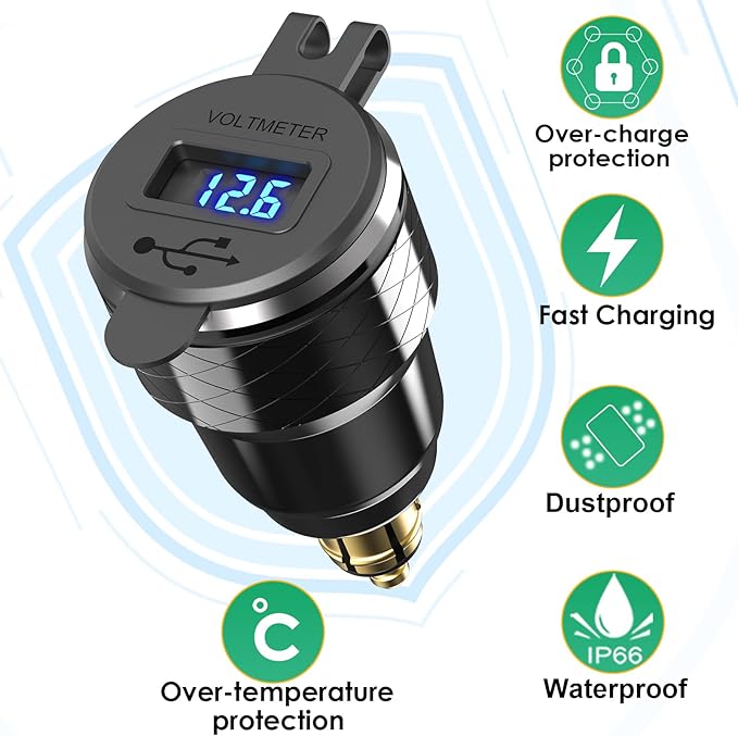 USB C 30W PD3.0 Fast Charger Din to USB, Hella Plug USB Adapter, 18W QC3.0 Power Outlet, Aluminum Voltmeter for 12V-24V Ducati Triumph BMW Motorcycle and More European Style Motorcycles