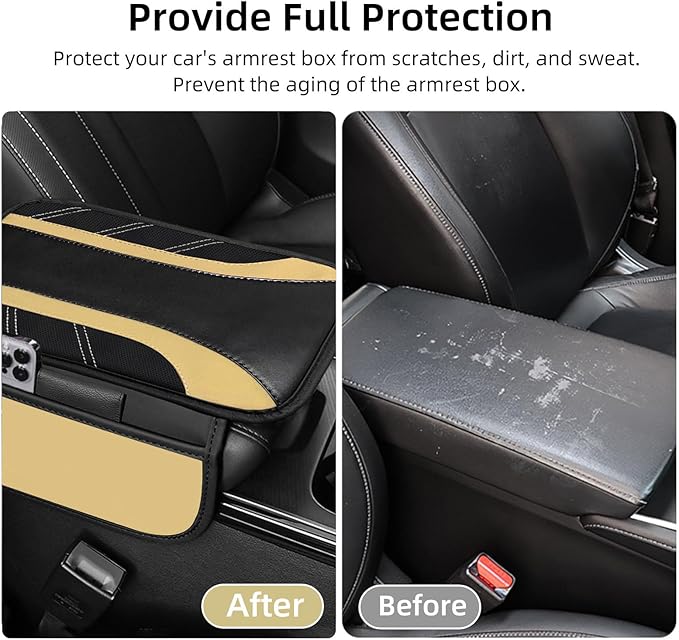 NBTEPEM Beige Center Console Cover, Sporty Leather Armrest Cover Cushion with 2 Storage Pockets, Universal Auto Middle Console Protector, Car Interior Accessories for Most SUV, Truck, Sedan Vehicles