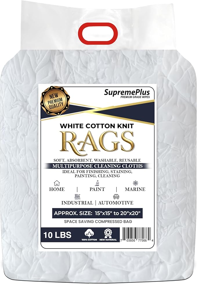 Premium New White Cotton Knit T-Shirt Rags (600 lbs. Pallet 60x10 lbs. Bag of Rags) - Lint-Free, Soft & Absorbent Bulk Cleaning Cloths for Auto, Paint, Garage, Staining & Polishing