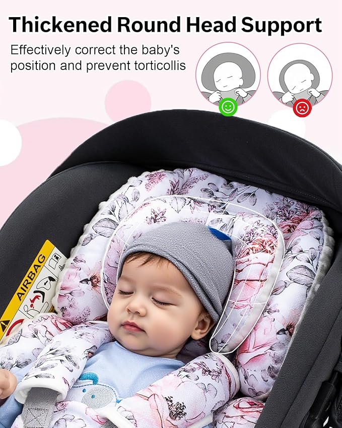 Infant Car Seat Insert with Extra Headrest, Adjustable Carseat Head Support for Preemie to Toddler, 2 in 1 Breathable Air Mesh Car Seat Insert for Newborn, Mink Dot Baby Car Seat Cushion for Stroller