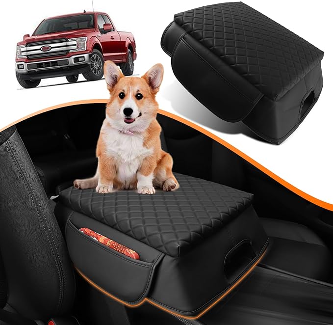 Center Console Armrest Cover for 2015-2020 F150, 2017-2022 F250 F350 F450, 2018-2024 Expedition Accessories Arm Rest Pad Console Lid Protector Cushion Black (Bucket Seat Only)