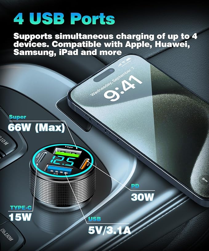 2 Packs of 66W USB C Car Charger 4 Port Car Charger Adapter with 30W PD, 3.1A Aluminium Alloy Car Cigarette Lighter USB Charger with LED Voltmeter Compatible with Phone 15 14 13
