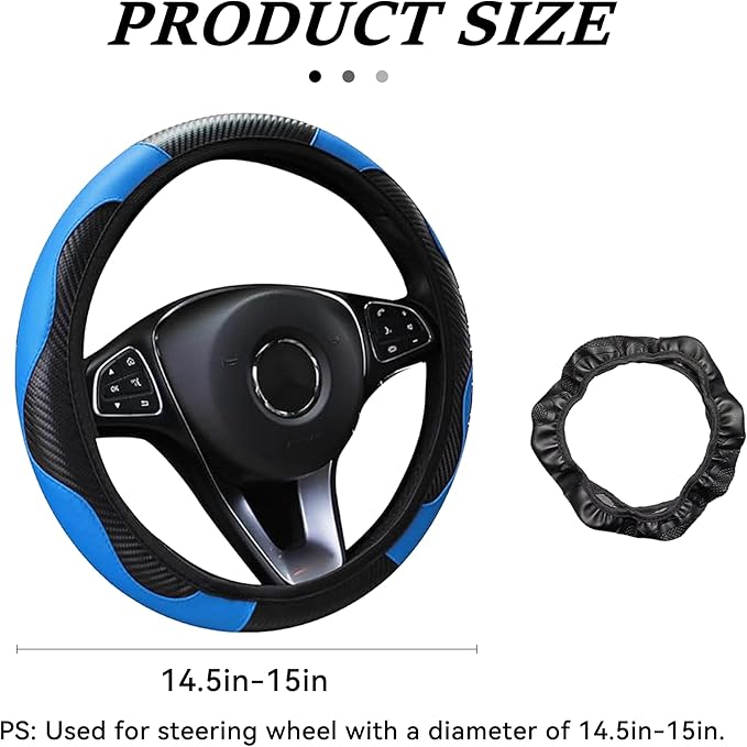 Car Steering Wheel Cover, 15 inch Carbon Fiber Microfiber Anti-Slip Breathable PU Leather Elastic Steering Wheel Protector, Car Interior Accessories for Most Cars (Blue)