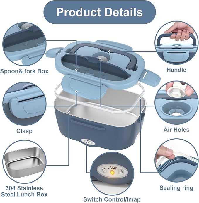 Electric Lunch Box Food Heater, 3 in 1 Ultra Quick Heated Lunch Boxes for Adults, 12V/24V/110V Portable Food Warmer for Car/Truck/Office With Fork Spoon and Insulated Carry Bag