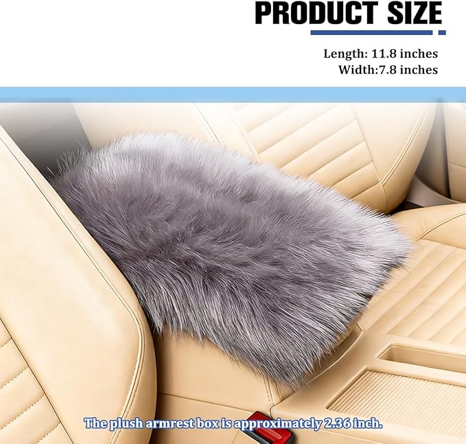 Car Center Console Cover, Fluffy Soft Vehicle Middle Console Arm Rest Cushion Pad, Furry Automotive Interior Armrest Seat Box Protector Decoration Accessories, Universal Fit (Light Gray)