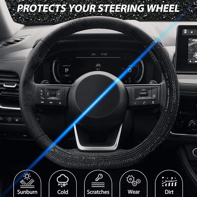 SEG Direct Diamond Flat Bottom Steering Wheel Cover, D Shaped Car Wheel Cover 14 1/2-15 in. (37-39 cm), Bling Sparkly Rhinestones, Black with Black Diamond