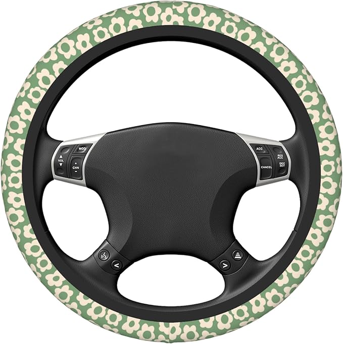 Vintage Groovy Flowers Steering Wheel Cover Cute Universal 15 Inch Car Accessories Protector for Women Fit Auto SUV Sedan Vans Trucks