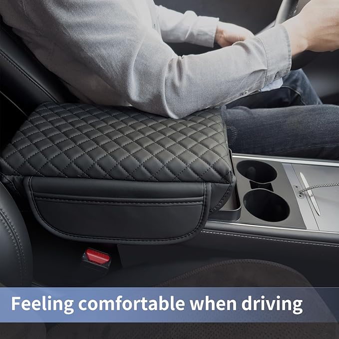 Center Console Cover for Tesla Model 3 2017-2022 2023 2024 or Model Y 2020-2022 2023 2024 Armrest Cover Cushion Pad PU Leather Armrest Seat Box Protector Accessories with Pockets Storage Bag (white)