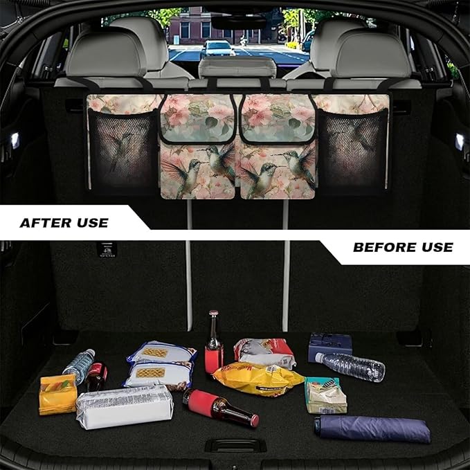 Hanging Car Trunk Organizer, Hummingbird Pink Flower Print Car Back Seat Storage with 4 Pockets Large Capacity Back Seat Storage Bag Waterproof Universal Car Interior Accessories