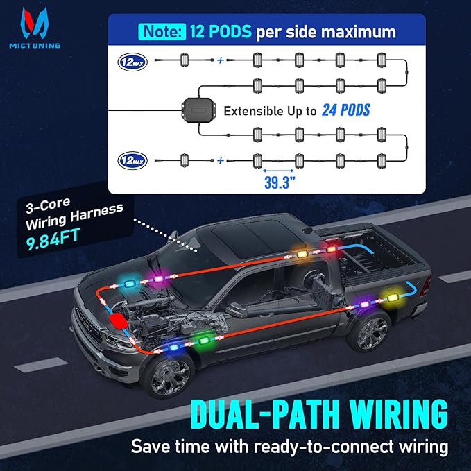 MICTUNING Q1+ MAX 20 Pods Ultra-Bright RGB Rock Lights, Multi-Color Chasing Underglow Lighting, Extensible to 24 Pods, APP Music Sync & DIY Effects, IP68 Waterproof