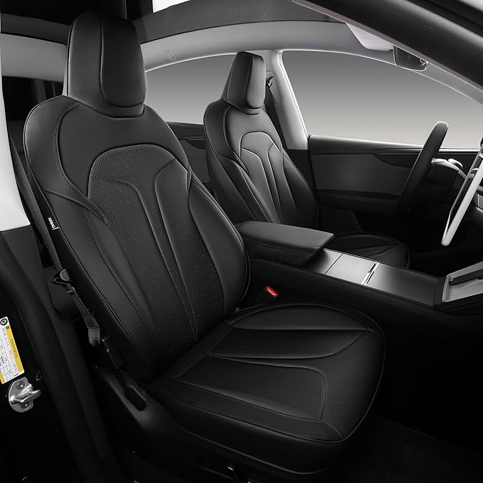 Custom Fit Seat Covers for 2025 2026 Tesla Model Y Juniper (5-Seater), Waterproof Breathable Nappa Leather, OEM Factory Style Full Set Car Seat Protectors Airbag Compatible - Black