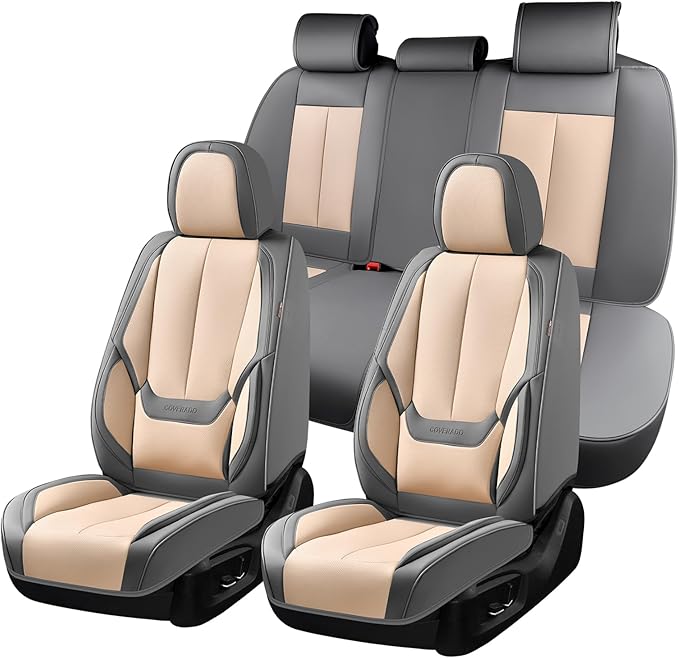 Coverado Seat Covers, Car Seat Covers Full Set, Leather Seat Covers for Cars, Car Seat Protector, Gray Car Seat Covers Front Seats and Back Seats Universal Fit for Most Cars Beige