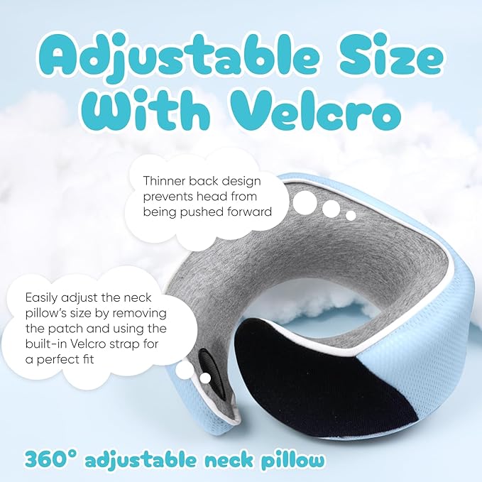 Proglobe Junior Kids Travel Neck Pillow - Ergonomic Memory Foam Pillow for Airplane, Car, Booster Seat - Soft, Washable, Compact Travel Pillow with Strap - Light Blue - Ages 4 Years and Up
